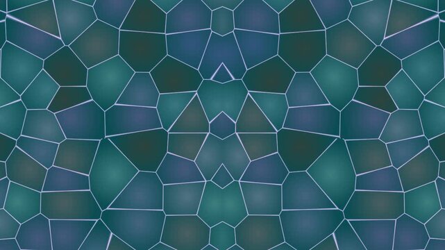 An evolving abstract mosaic, showcasing a dynamic interplay of teal, green and purple geometric shapes. Creating a captivating visual experience suitable for backgrounds and artistic projects.