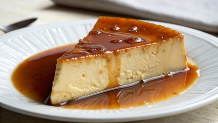 Slice of flan dessert with rich caramel sauce on white plate light background