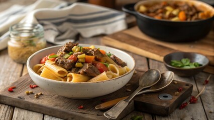 Hearty beef stew with rigatoni pasta, vegetables in white bowl rustic wooden table setting