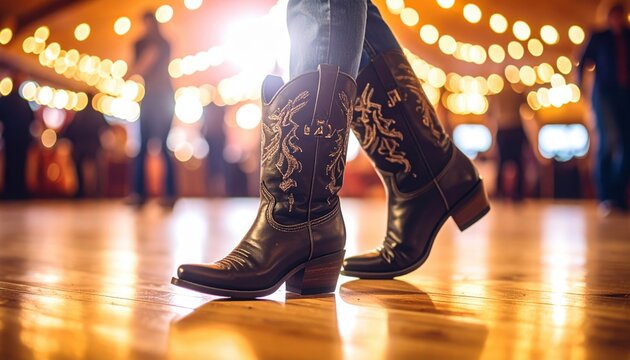 Black leather cowboy boots with decorative embroidery step on wooden dance floor during country music event at night
