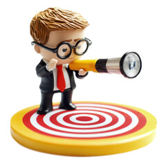 A toy businessman with a telescope looking at a target.