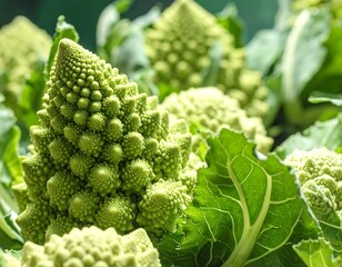 Close-up of several fractal-patterned green vegetables with surrounding leaves, brightly lit