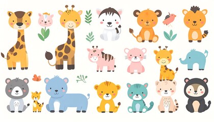 Fototapeta premium A vibrant collection of cartoon animals, including lions, giraffes, and monkeys, displayed together in a playful wildlife scene.