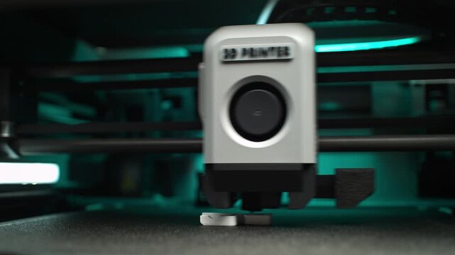 FDM 3D Printer Extruder Moves Along A Carbon Rail, Printing Layers Of The Object on a Platform in Slow Motion