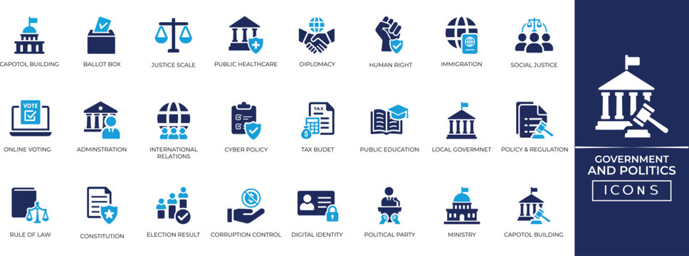 Government and Politics solid icon set for democracy, voting, election, legislation, diplomacy, authority, civil rights, and law symbols. Solid icon collection.