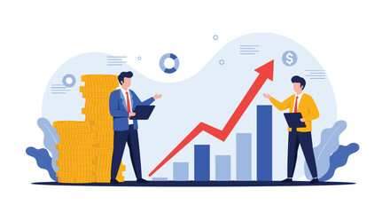 Fototapeta premium Business professionals discussing financial growth and investment strategies next to a rising arrow and coin stacks.