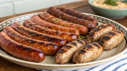Assortment of grilled sausages on rustic plate, various types of meat cooked outdoors