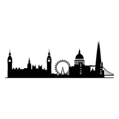 Naklejka premium London skyline silhouette, cityscape vector, famous landmarks illustration, British architecture, black and white London panorama, travel icon, historic monument design