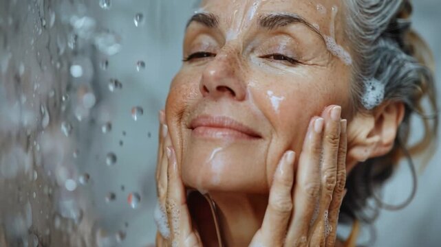 Under warm water, woman gently cleanses her face with foamy cleanser, embracing moment tranquility self-care. Soothing droplets surround her bathroom, highlighting relaxation warmth as she rejuvenates