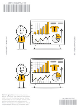 Business Presentation Cartoon, Happy Yellow Character Pointing to Upward Bar Chart Pie Graph