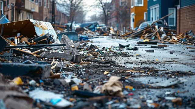 Urban street littered with destruction and debris, reflecting devastating aftermath of severe storm that caused significant damage to surrounding neighborhood, scattering various materials across road