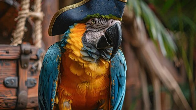 Vibrant blue and yellow macaw parrot, resplendent in playful pirate hat, sits atop a wooden treasure chest, showcasing its stunning, colorful feathers in a kaleidoscope display of green-tinged plumage