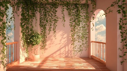 Obraz premium Sunlit balcony with greenery and arches architectural exterior