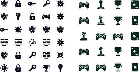 Set of 40 black and dark green vector icons featuring security, gaming, and various abstract symbols for modern digital design and web interfaces © hridaypal