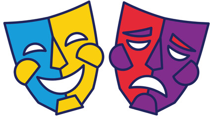 Two Theatre Masks, depicting contrasting happy and sad expressions, representing Drama and Performing Arts, in a vibrant Flat Design style, as a clean Vector Illustration.