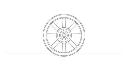 Minimalist line art of a vintage wagon wheel on a flat line, isolated on white © Ahmad