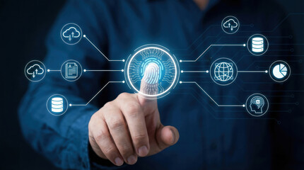Fototapeta premium Man interacting with futuristic biometric authentication interface for secure data access