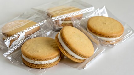 Sweet sandwich cookies with cream filling arranged on white table