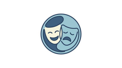 Theatre Masks Logo Happy and Sad Faces Expressive Emotion Drama and Performing Arts Symbol Flat Design Vector in Muted Blue Tones Isolated Illustration on White Background