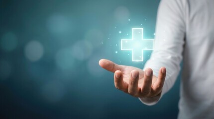 Glowing Healthcare Cross Above an Open Palm