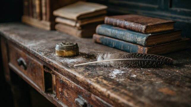 Vintage desk with books quill and inkwell historical objects and detail