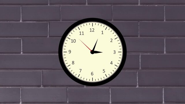 Round Analog Clock with Black Frame and Cream Face Showing Approximately Against a Dark Brick Wall. Elegant round clock with black bezel and cream dial set to minimalist design against brick