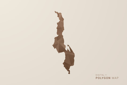 Malawi Map - Polygon Style Vector Illustration in Brown Gradient, Low Poly Geometric Design, Isolated on Beige Background for Infographics and Decoration.