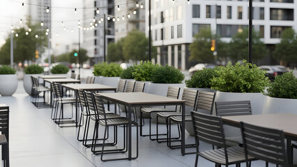 Outdoor seating area with tables and chairs on a city sidewalk.