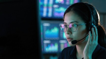 Professional Woman with Glasses and Headset in Low Light