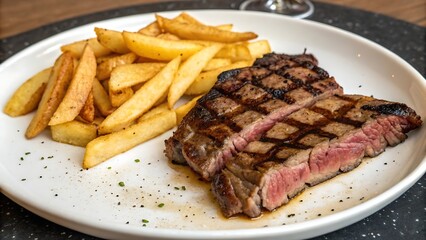 Juicy grilled steak sliced with crispy french fries on white plate