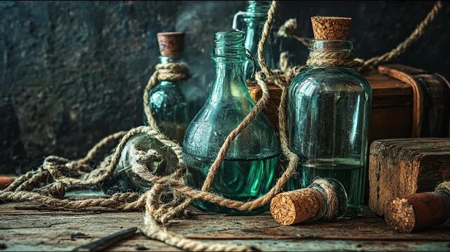 Vintage glass bottles with corks and rope on a wooden surface