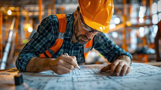 A construction worker, wearing a hard hat and reflective safety vest, carefully designs intricate blueprints on a large drafting table amidst the activity of a lively construction site