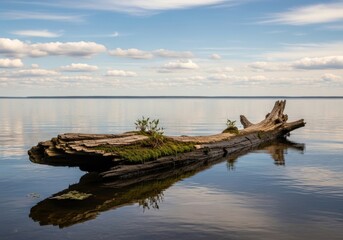 Weathered logs floating on a calm body of water amidst nature