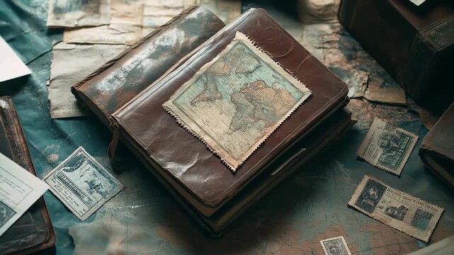 Vintage journal and map on wooden surface travel and exploration concept