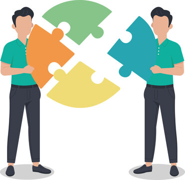 Business team connecting puzzle pieces for creative problem solving solution