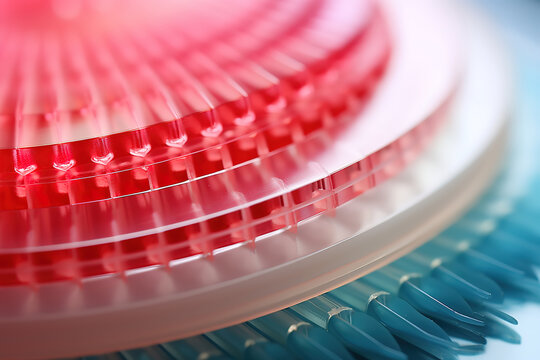 Close-up view of dosator tip with immunosorbent plastic plate for lab testing