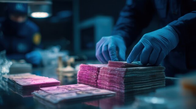 Crime scene money counting with law enforcement, forensic evidence, and evidence room.