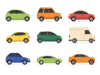 Fototapeta premium Colorful cartoon cars and vehicles on white background