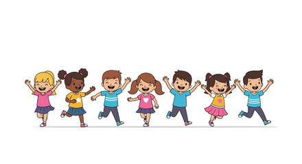 Line of happy and diverse cartoon children jump and dance together to celebrate friendship and playfulness against a white background.
