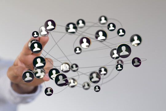 Hand holding network connections showing global community. Suitable for business, social media, communication, and digi