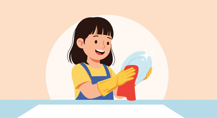 Obraz premium Happy young girl wearing yellow protective gloves carefully washes a white plate until it sparkles clean in a warm kitchen environment.