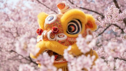 Vibrant Lion Dance Amidst Cherry Blossoms
