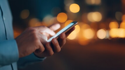 Electronic tax system, A person uses a smartphone at night, with blurred city lights creating a warm bokeh background.