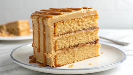 Three layer caramel cake with thick frosting and sweet drizzle served on white ceramic plate