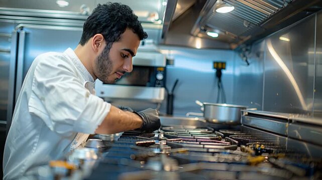 A kitchen staff member diligently wipes down the gas stove work surface in a restaurant's industrial kitchen, ensuring cleanliness and hygiene amidst cooking activities