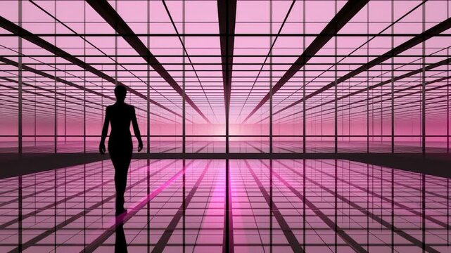 Empty pink gridded space with a silhouette figure