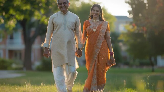 A man and woman, dressed in traditional attire, kurta and saree, stroll hand in hand on the lush grass of a serene park, basking in the warmth and tranquility of the golden hour