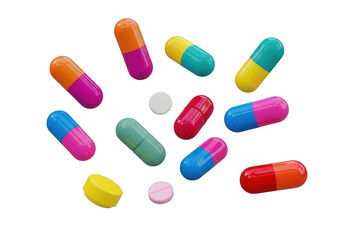 Colorful assorted pills and capsules isolated on transparent background