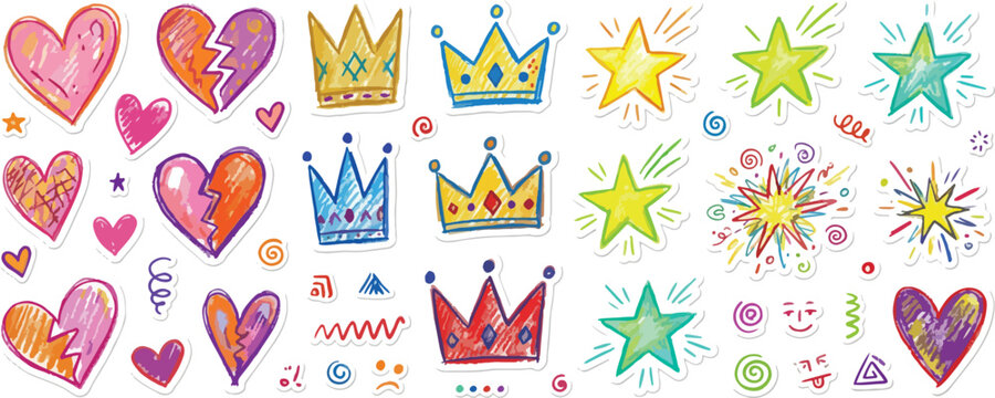 
Colorful funky hearts, crown and star scrapbook stickers set. Crayon drawn scribble doodle collage elements. Vector scrapbook collage stickers for hand drawn journaling, dairy, notebooks.