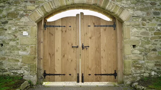 Rustic Wooden Gates and Stone Archway - Historic Entrance to a Country Estate Farmhouse Style with Black Metal Hardware and Natural Light